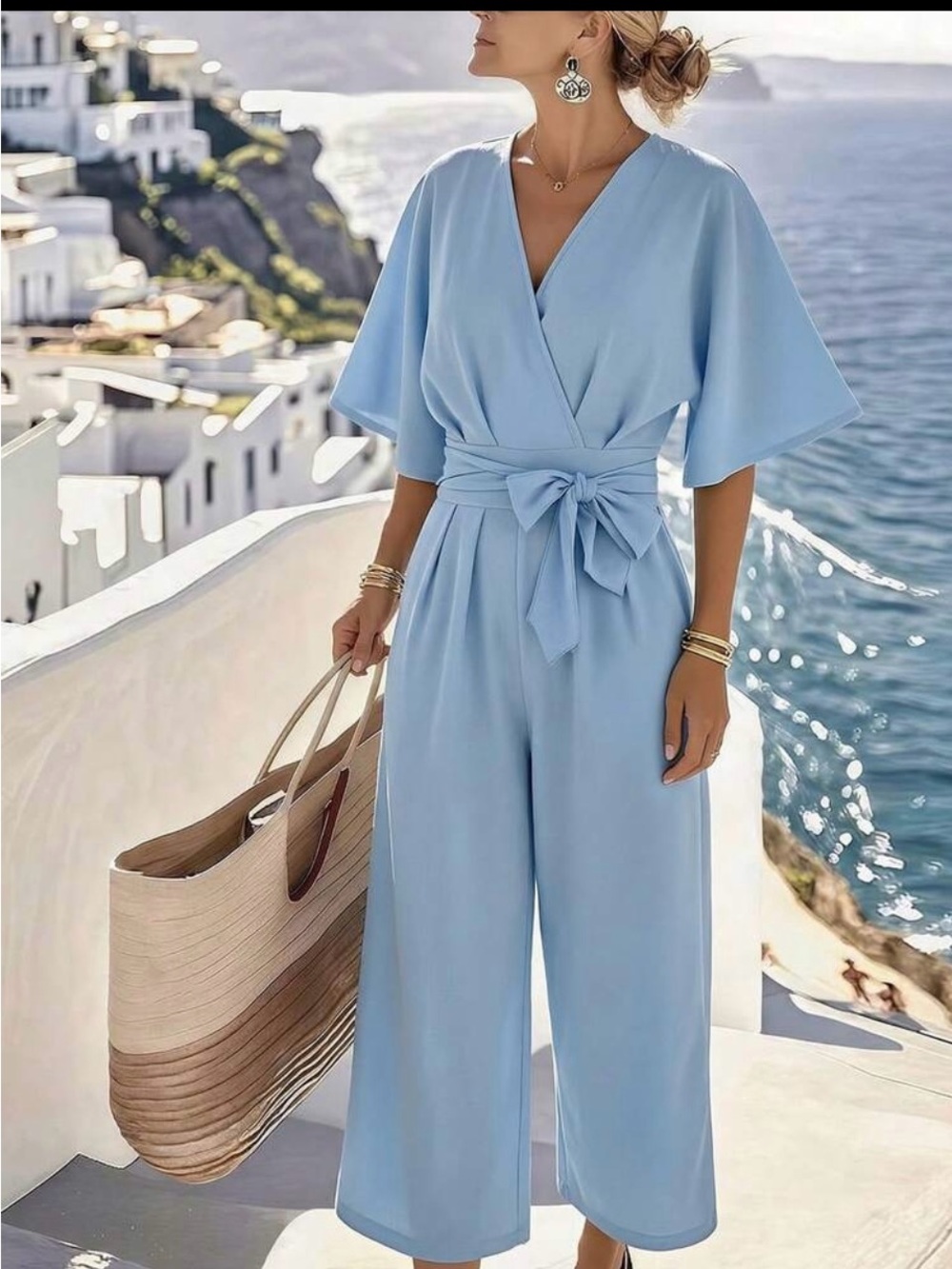 Light Blue Wrap-Front Wide Leg Jumpsuit with Tie Waist